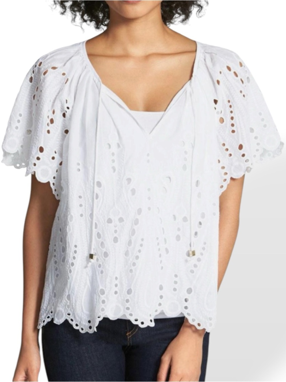 White Eyelet Tie Front Cotton Peasant Cottagecore Top
